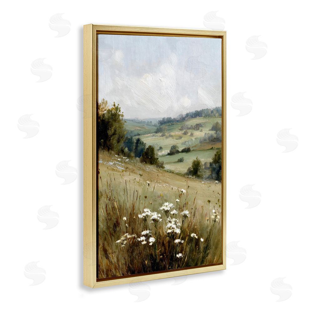 Petal Prints Design Hill of White Flowers Gold Floating Framed Canvas Wall Art