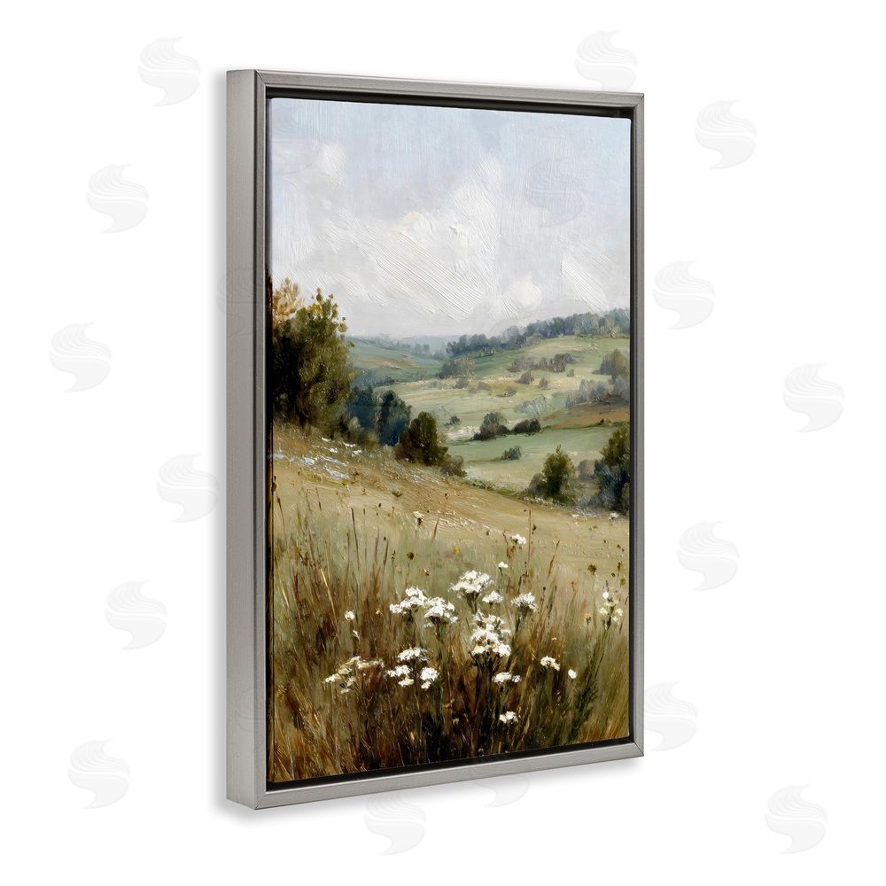 Petal Prints Design Hill of White Flowers Gray Floating Framed Canvas Wall Art
