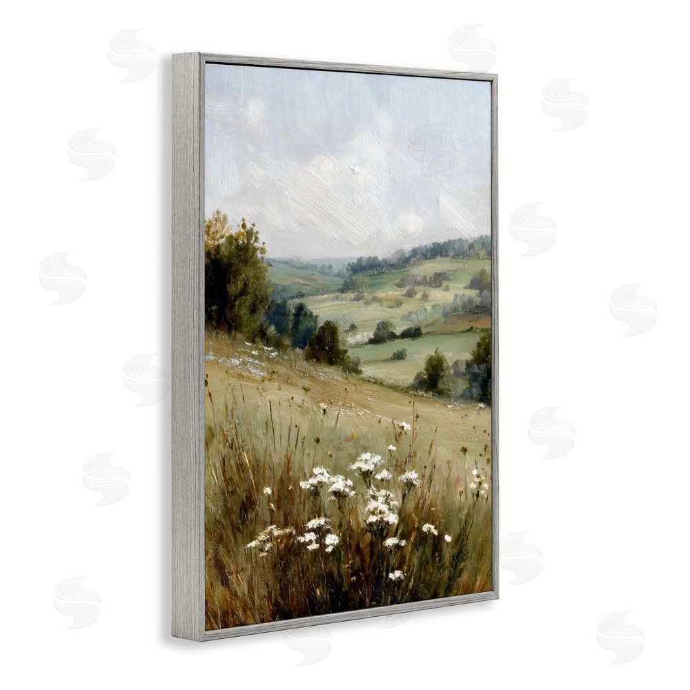 Petal Prints Design Hill of White Flowers Gray Framed Giclee Wall Art
