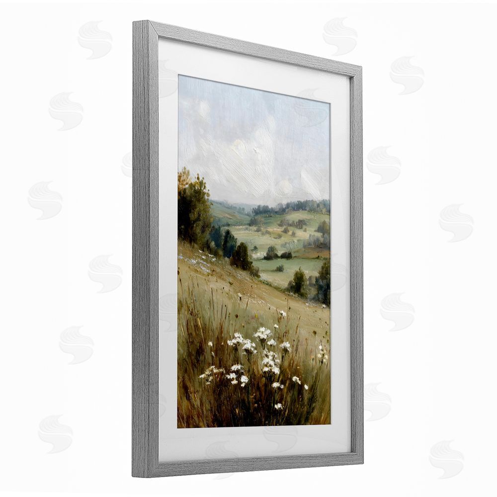 Petal Prints Design Hill of White Flowers Gray Framed Print Under Glass Wall Art