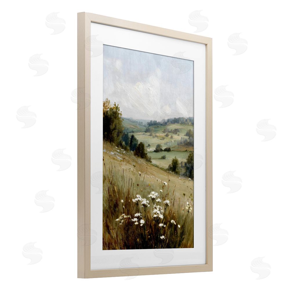 Petal Prints Design Hill of White Flowers Brown Framed Print Under Glass Wall Art