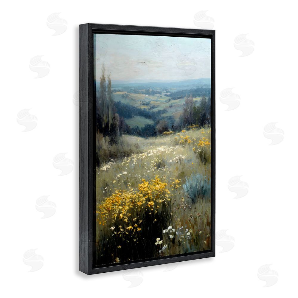 Petal Prints Design Sporadic Meadow Flowers Black Floating Framed Canvas Wall Art Print