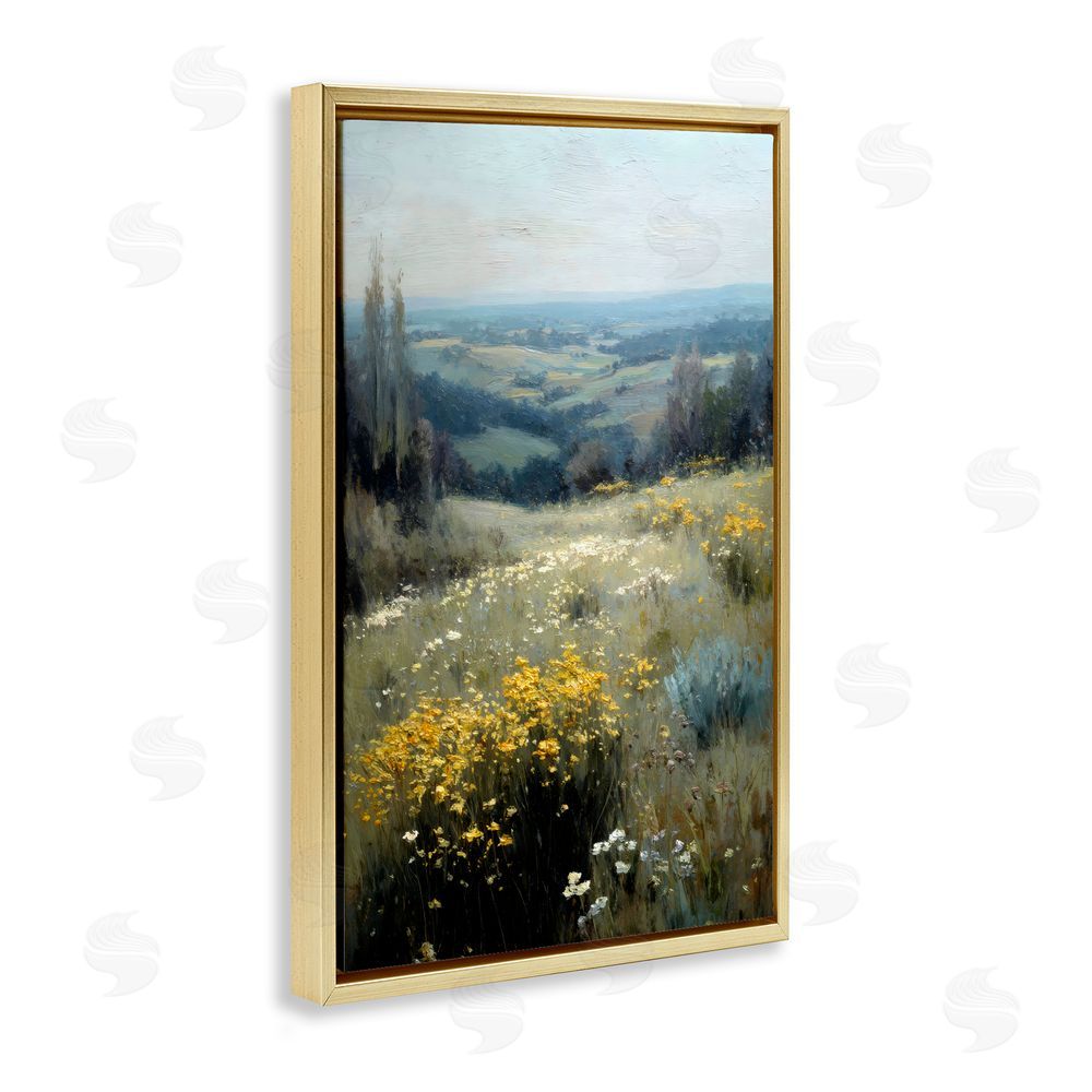 Petal Prints Design Sporadic Meadow Flowers Gold Floating Framed Canvas Wall Art Print