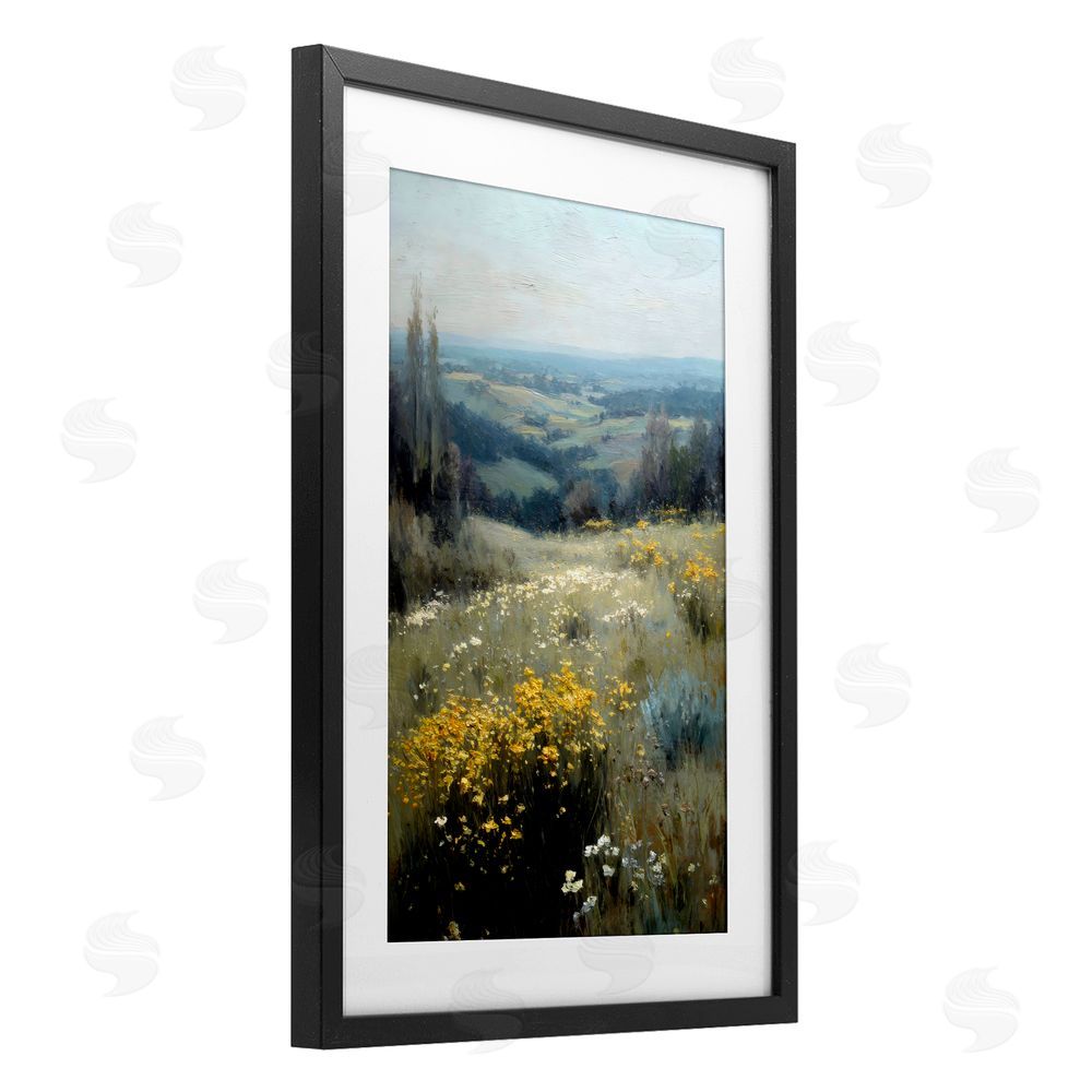 Petal Prints Design Sporadic Meadow Flowers Black Framed Print Under Glass with White Mat Wall Art