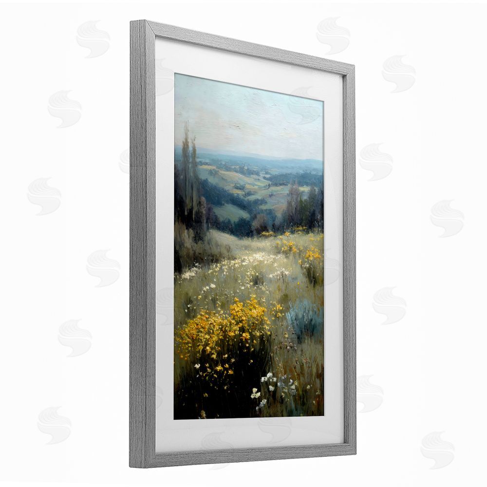 Petal Prints Design Sporadic Meadow Flowers Gray Framed Print Under Glass with White Mat Wall Art