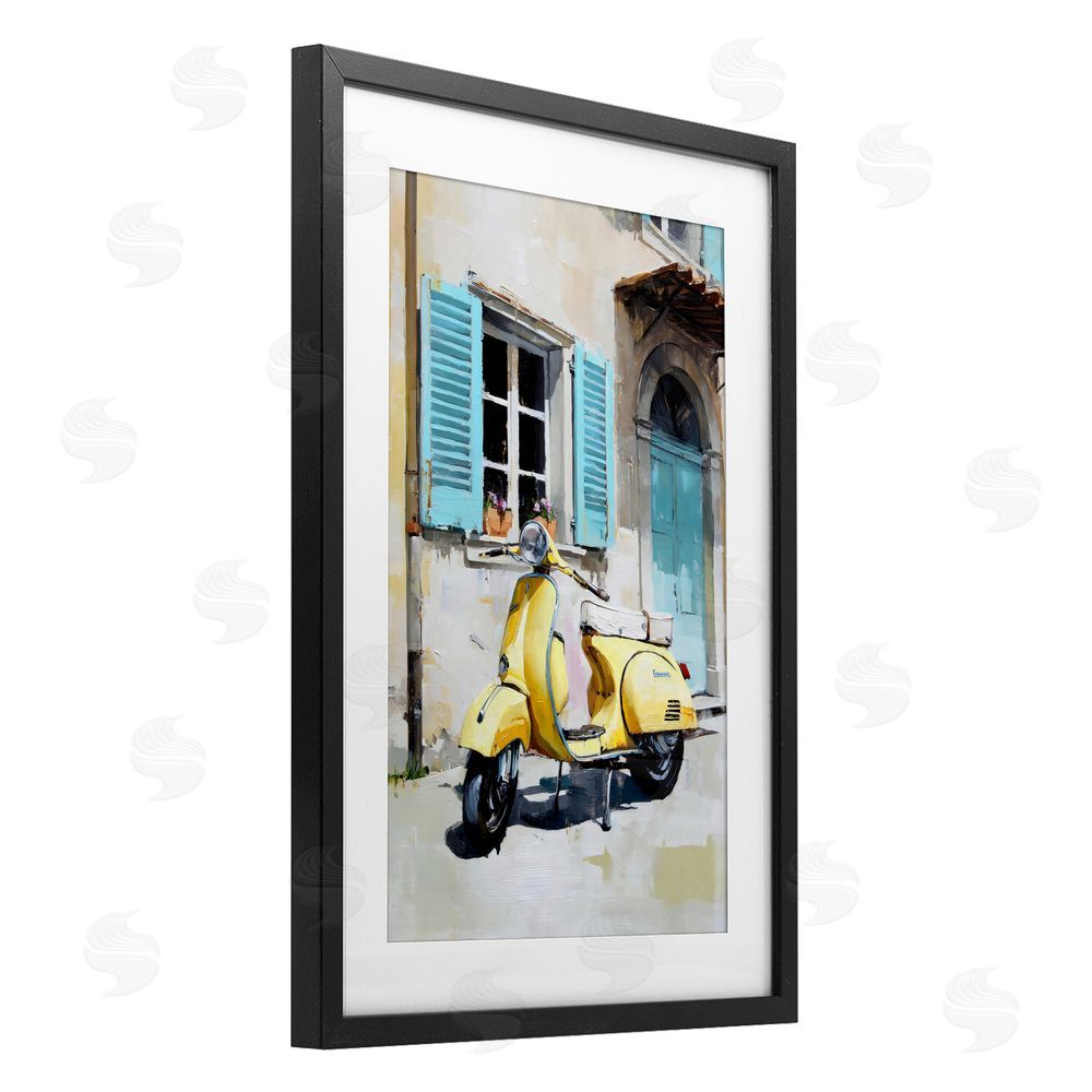 Petal Prints Design Sunny Day Scooter Ride Black Framed Print Under Glass with White Mat Wall Art