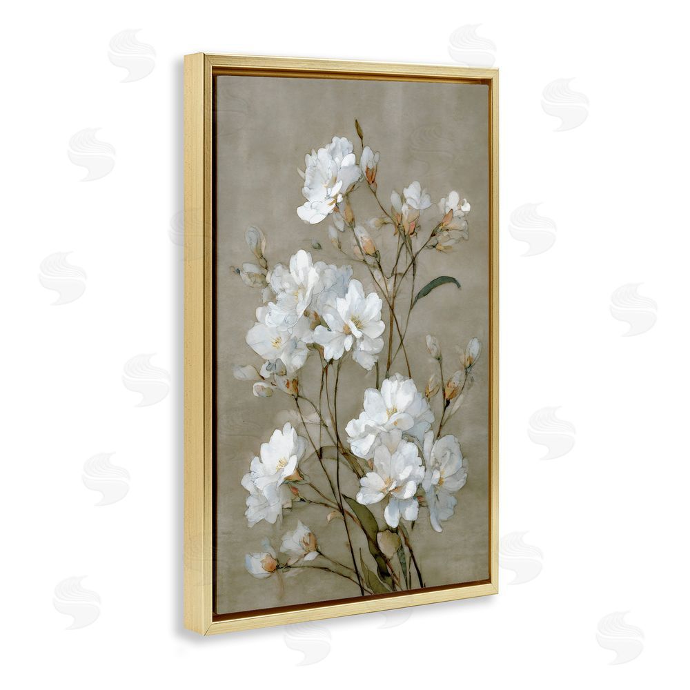 Petal Prints Design Aged White Botanical Study Gold Floating Frame Stretched Canvas Wall Art Print