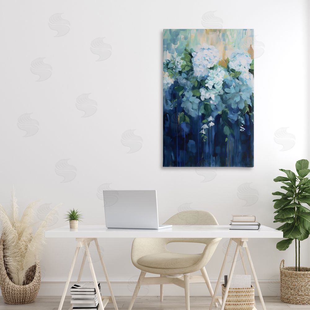 Gina Kelly Lush Blue Hydrangea Abstract Stretched Canvas Wall Art in Room