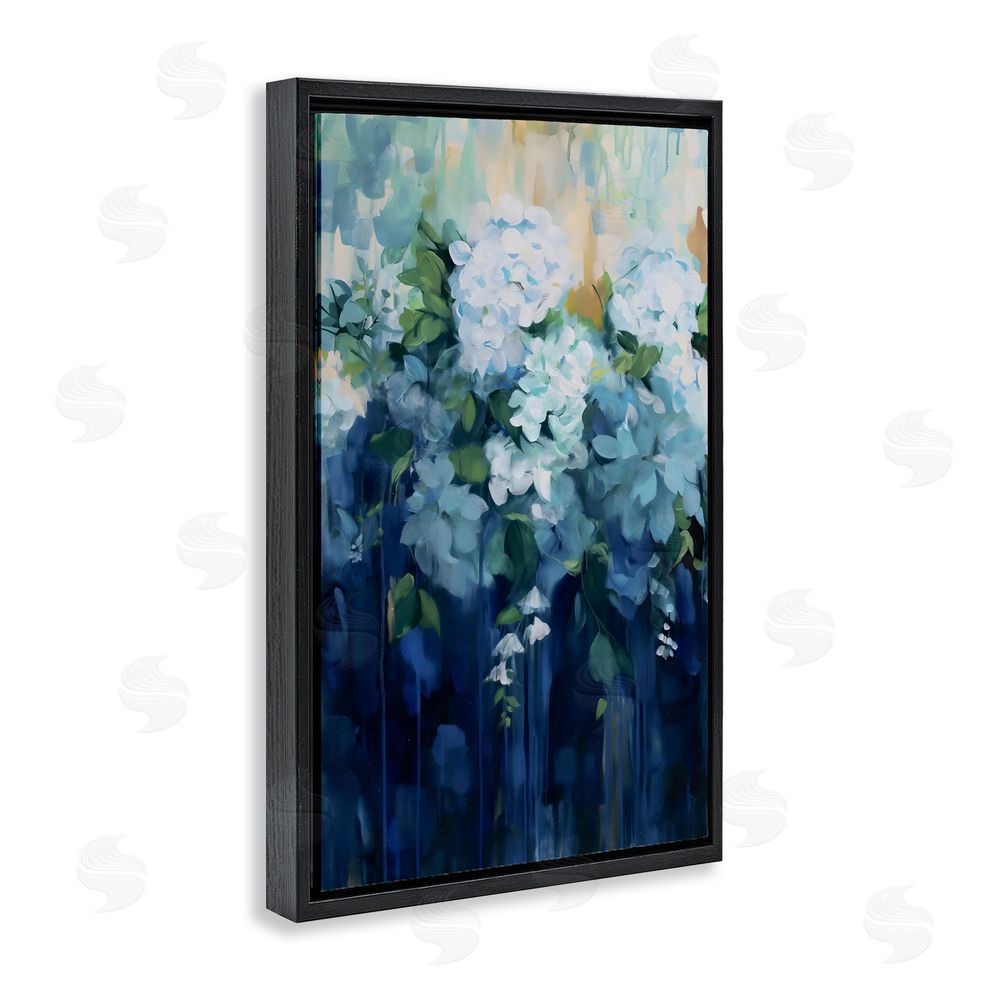 Gina Kelly Lush Blue Hydrangea Abstract Black Floating Framed Canvas Wall Art