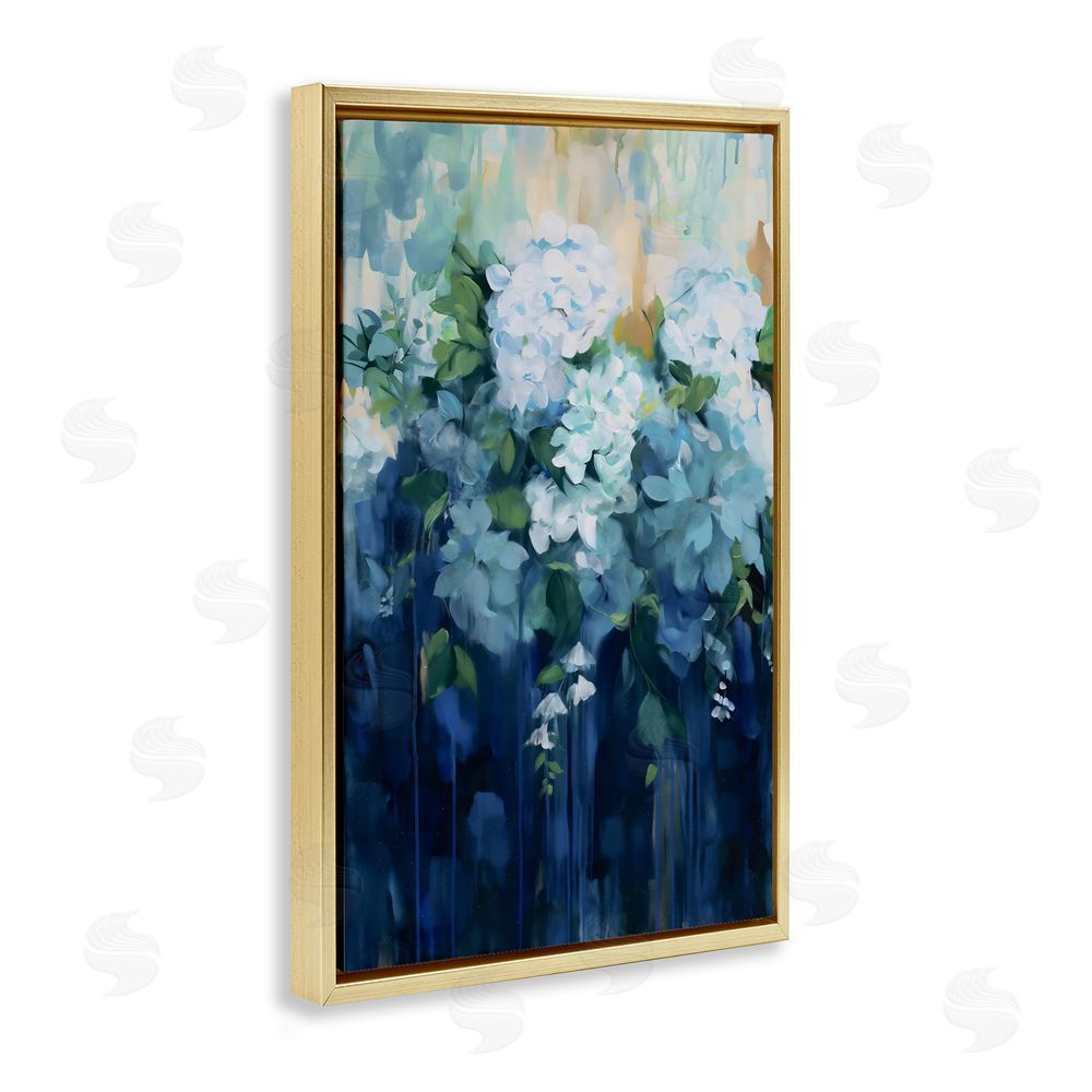 Gina Kelly Lush Blue Hydrangea Abstract Gold Floating Framed Canvas Wall Art