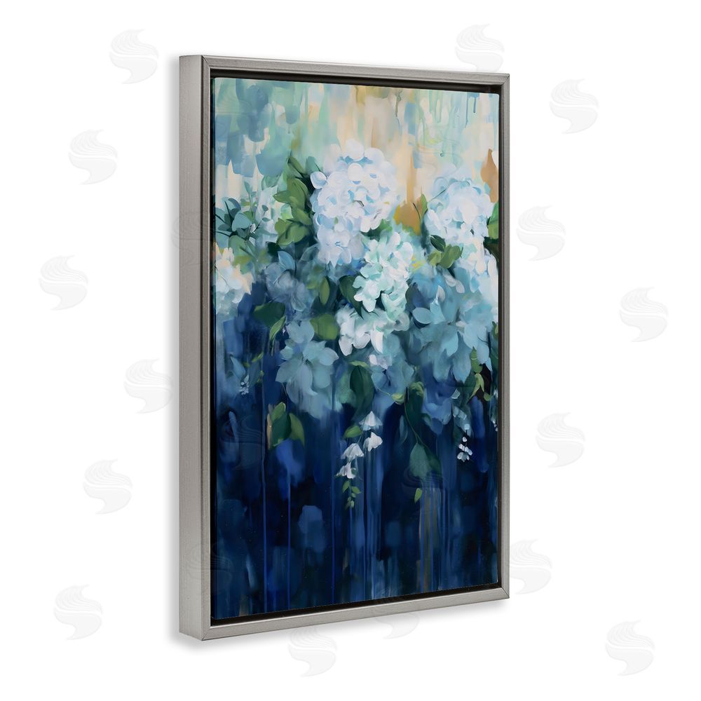 Gina Kelly Lush Blue Hydrangea Abstract Gray Floating Framed Canvas Wall Art