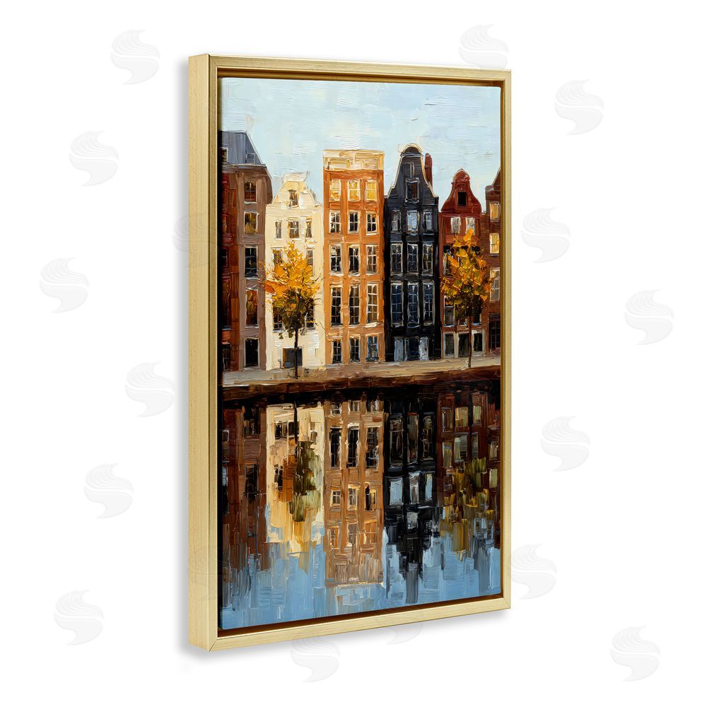 Petal Prints Design City Reflection over Canal Gold Floating Frame Canvas Wall Art Print