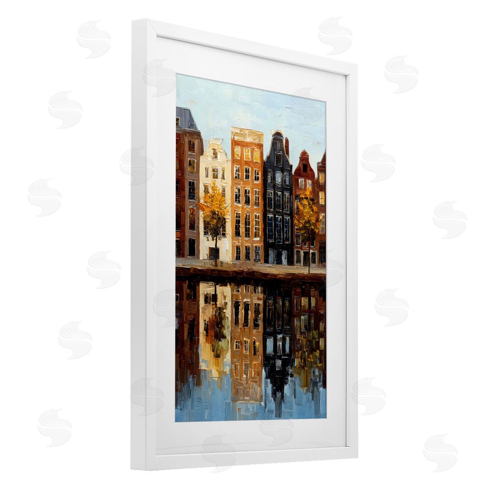 Petal Prints Design City Reflection over Canal White Framed Print Under Glass Wall Art