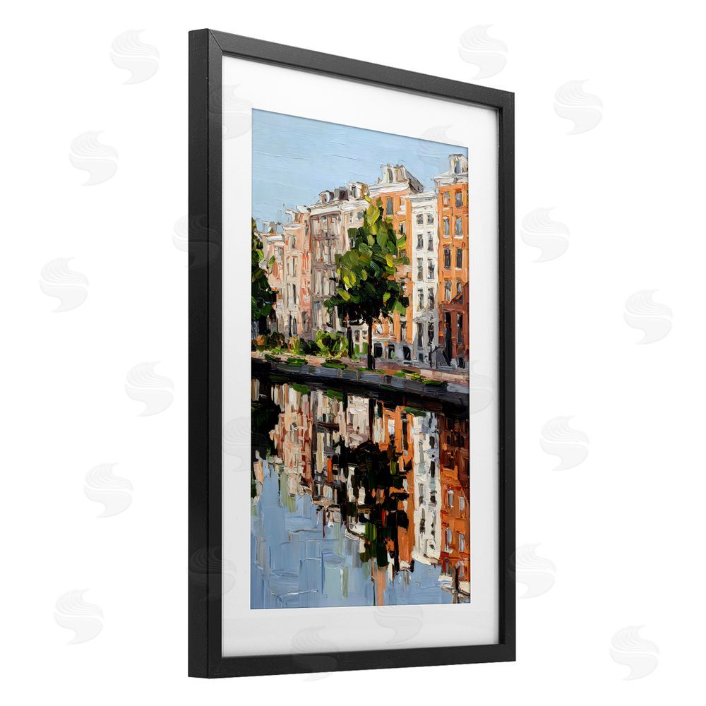Petal Prints Design Waterside Apartments on Canal Black Framed Print Under Glass with White Mat Wall Art