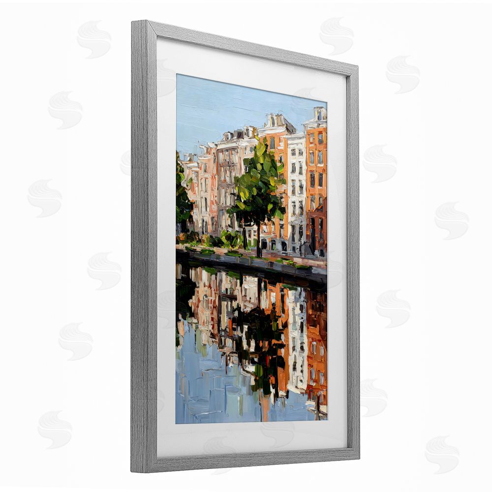 Petal Prints Design Waterside Apartments on Canal Gray Framed Print Under Glass with White Mat Wall Art