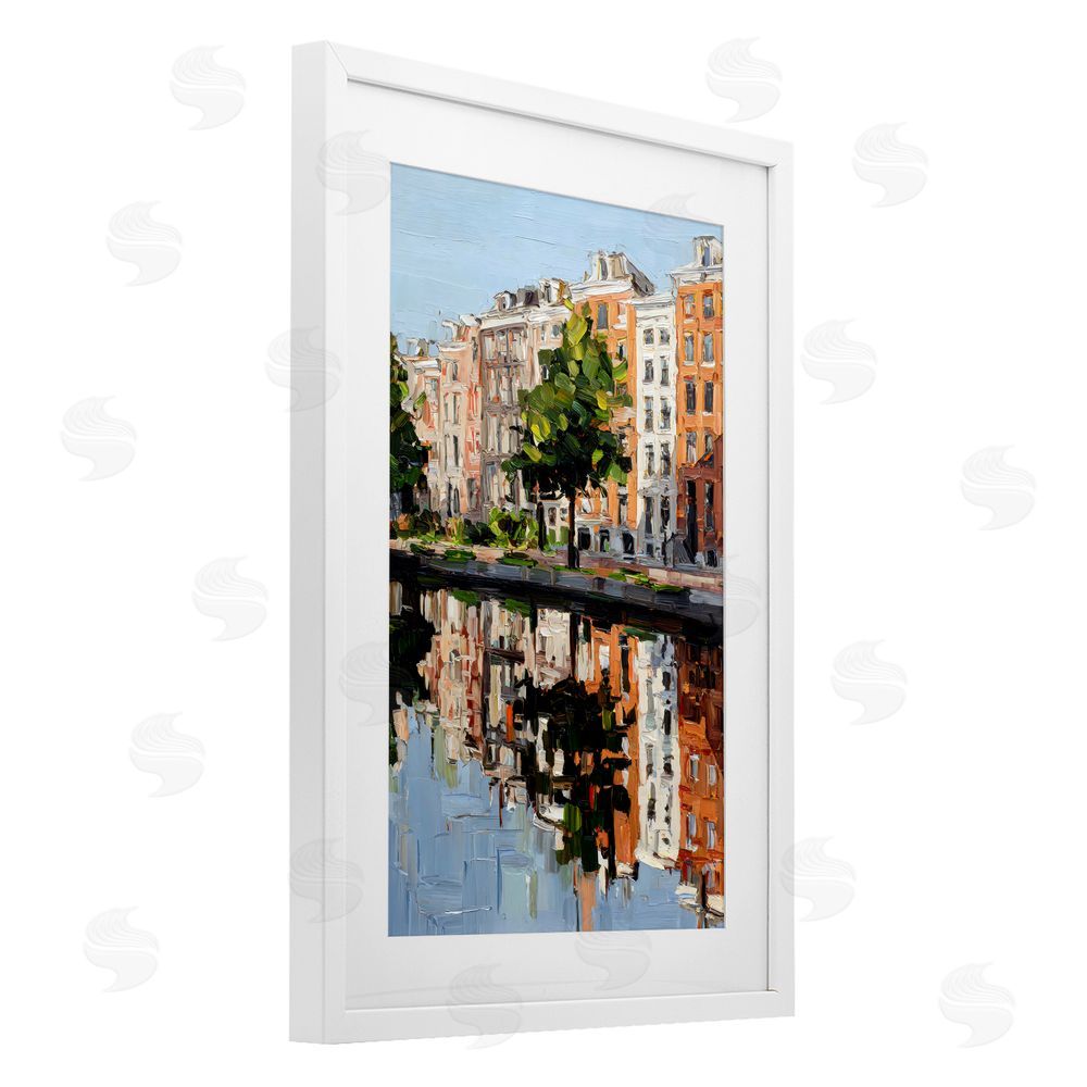 Petal Prints Design Waterside Apartments on Canal White Framed Print Under Glass with White Mat Wall Art