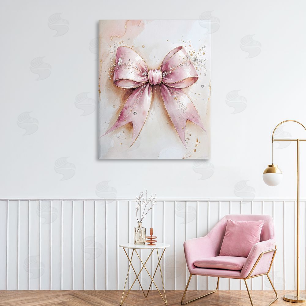 Nataly White Glamorous Blush Pink Bow Stretched Canvas Wall Art in Room