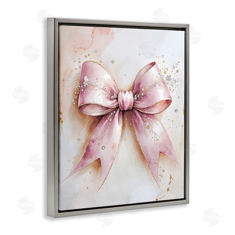 Nataly White Glamorous Blush Pink Bow Gray Floating Framed Canvas Wall Art