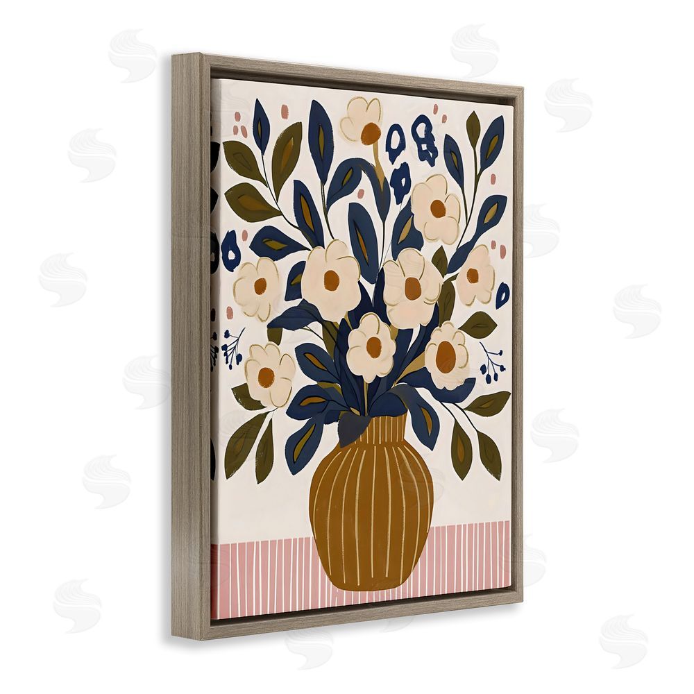 Creative Studio Boho Floral Vase with Stripes Brown Floating Frame Stretched Canvas Wall Art Print