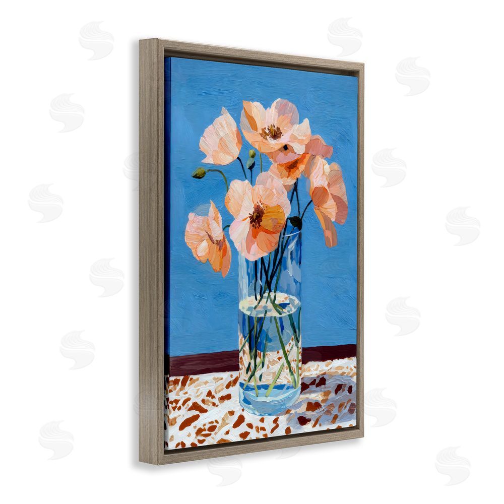 Petal Prints Design Bright And Pink Poppies Brown Floating Frame Stretched Canvas Wall Art Print