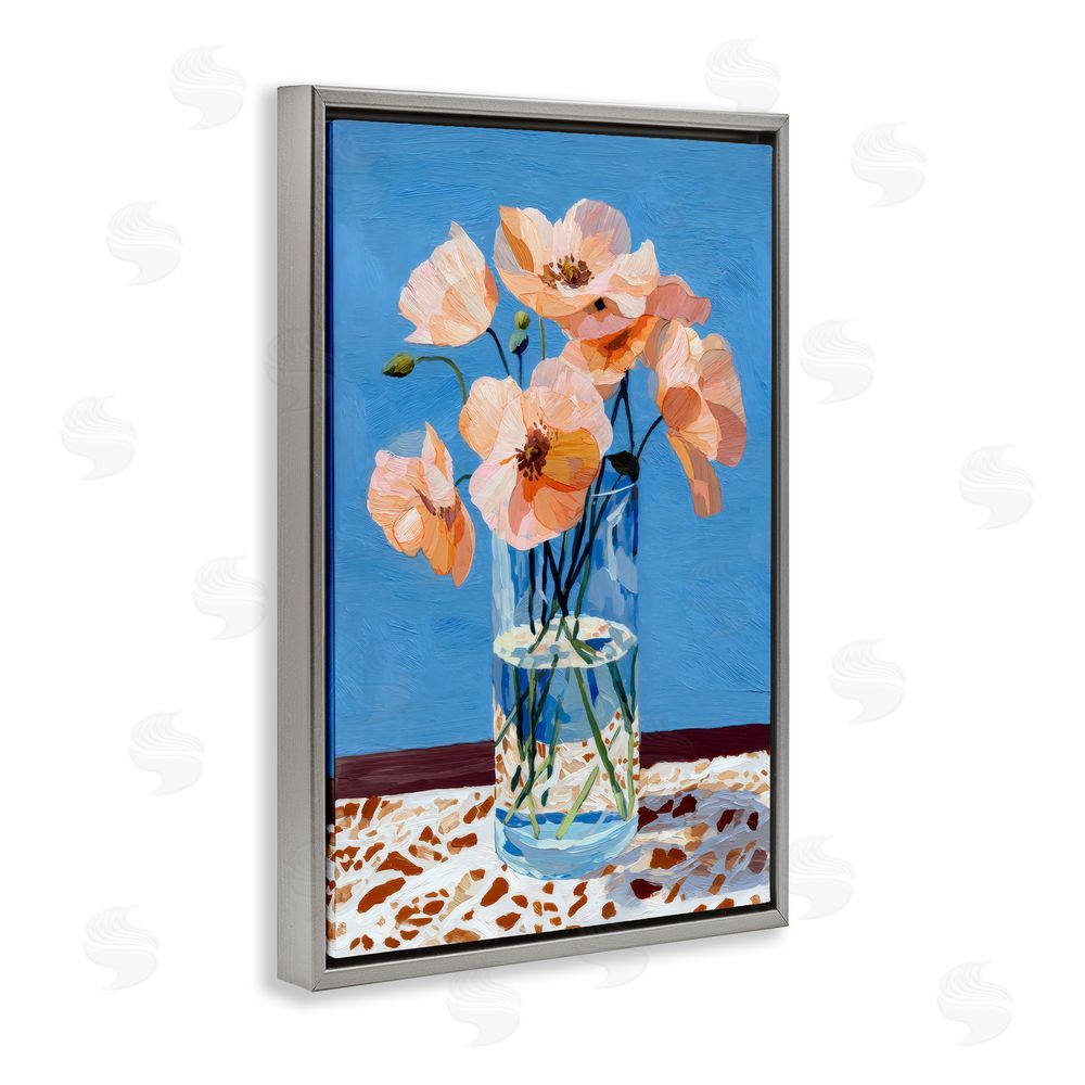 Petal Prints Design Bright And Pink Poppies Gray Floating Frame Stretched Canvas Wall Art Print