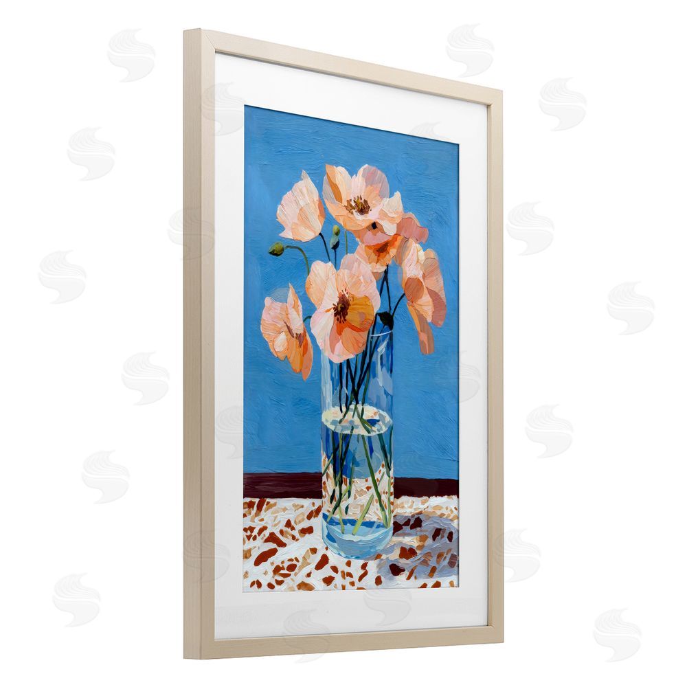 Petal Prints Design Bright And Pink Poppies Brown Framed Print Under Glass with Matting Wall Art