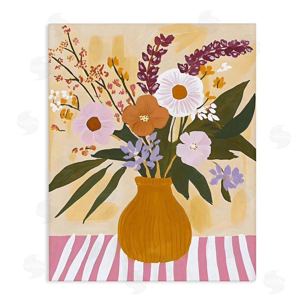 Creative Studio Boho Flowers on Pink Stripes Stretched Canvas Wall Art Print