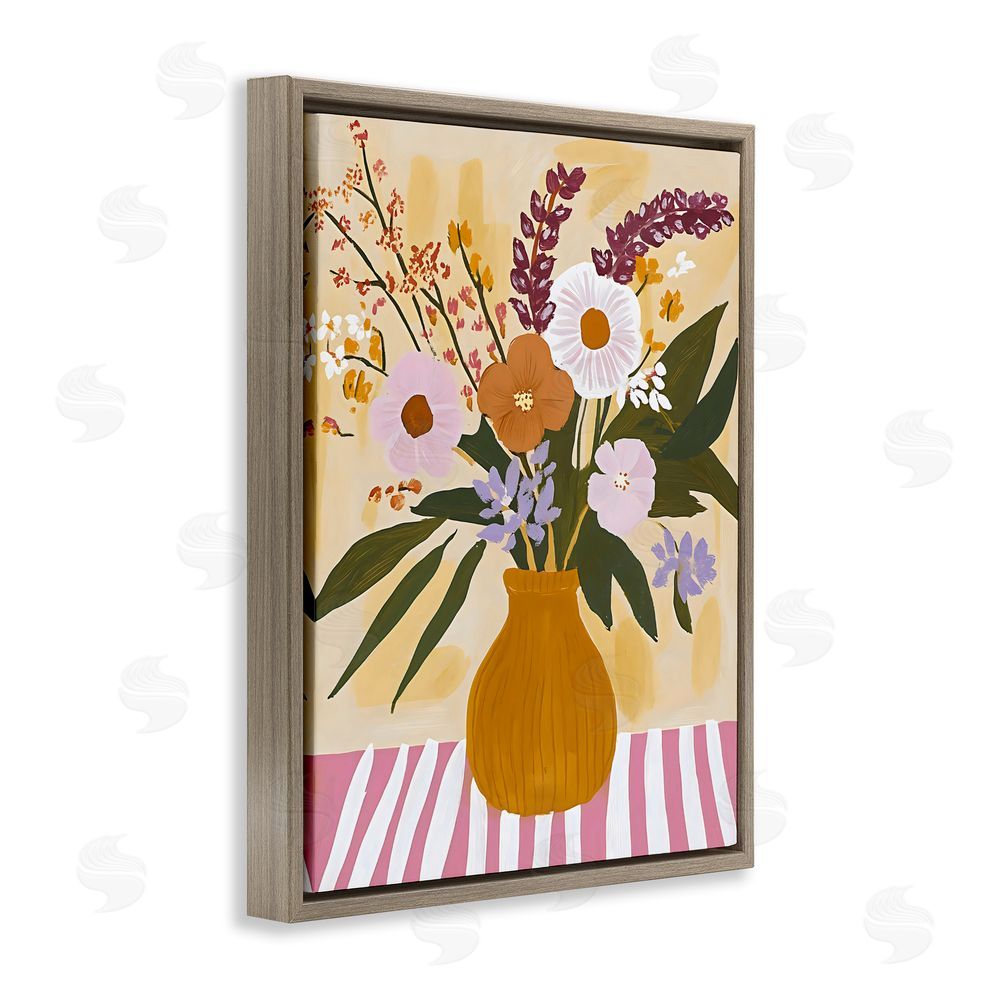 Creative Studio Boho Flowers on Pink Stripes Brown Floating Frame Stretched Canvas Wall Art Print