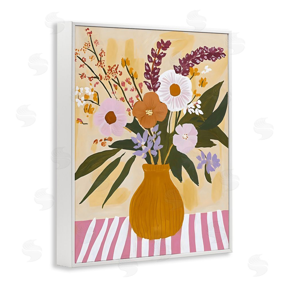 Creative Studio Boho Flowers on Pink Stripes White Framed Giclee Wall Art Print