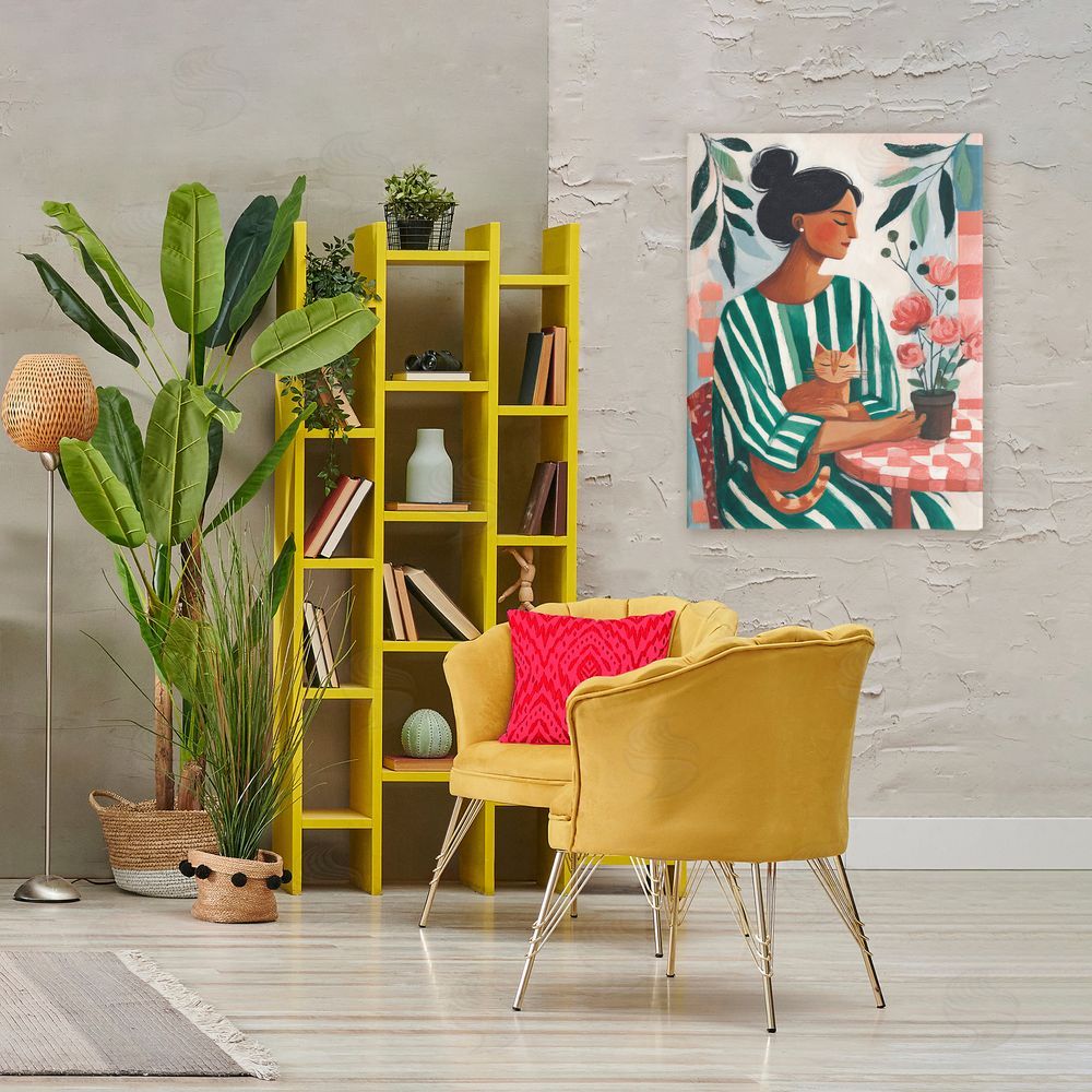 Sisi and Seb Cat Lady in Striped Dress Stretched Canvas Wall Art Print in Room