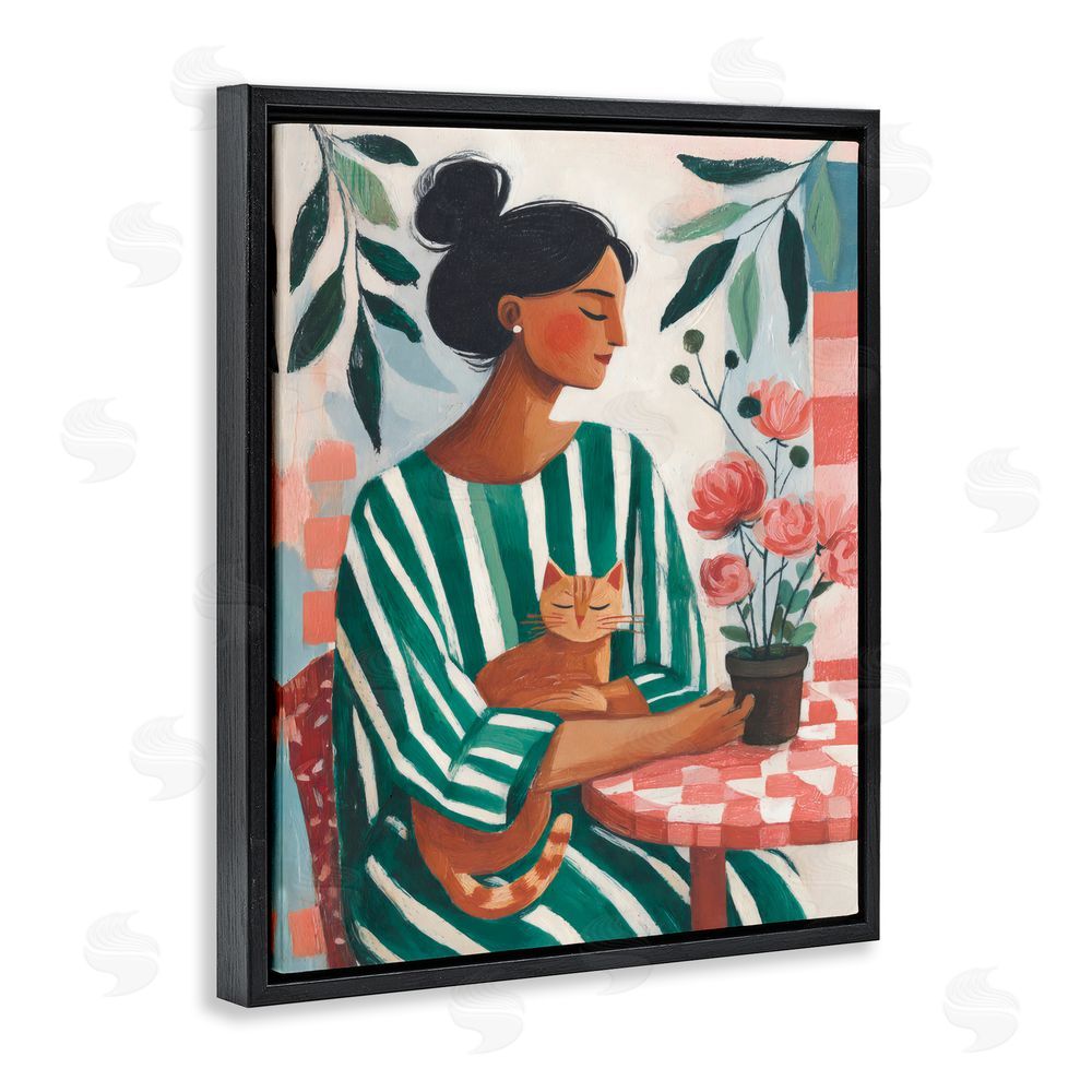 Sisi and Seb Cat Lady in Striped Dress Black Floating Frame Stretched Canvas Wall Art Print