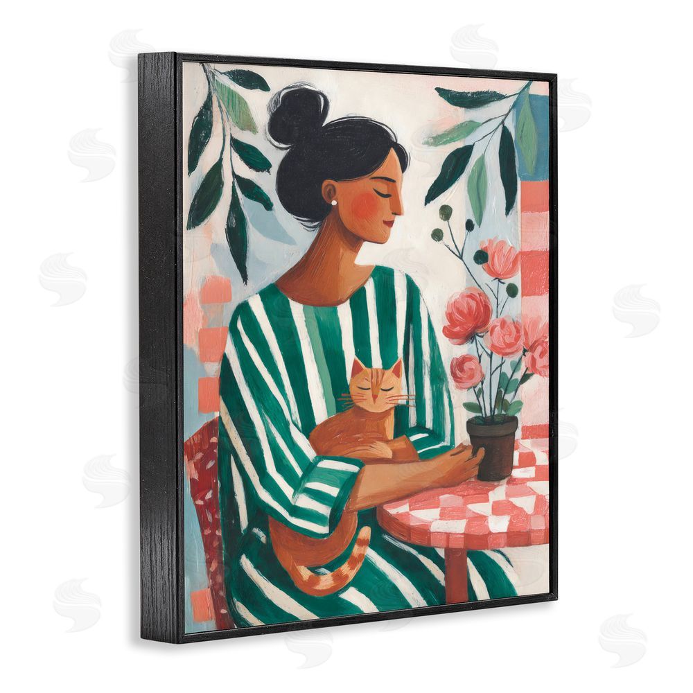 Sisi and Seb Cat Lady in Striped Dress Black Framed Giclee Wall Art Print