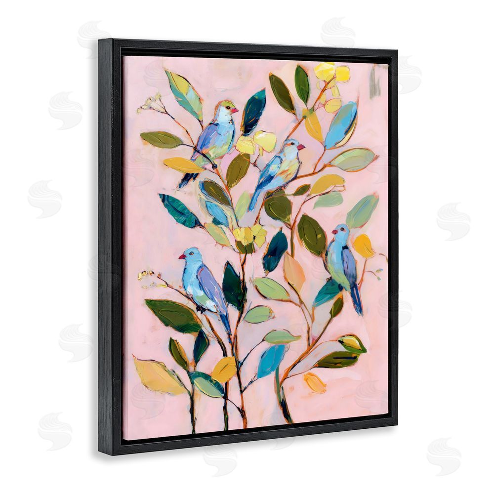 Sisi and Seb Birds Between Leaves Impression Black Floating Frame Stretched Canvas Wall Art Print