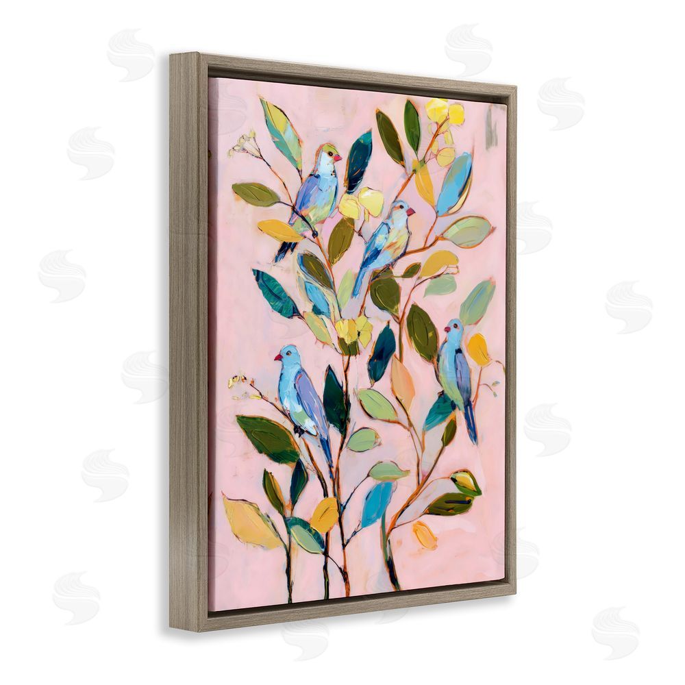 Sisi and Seb Birds Between Leaves Impression Brown Floating Frame Stretched Canvas Wall Art Print