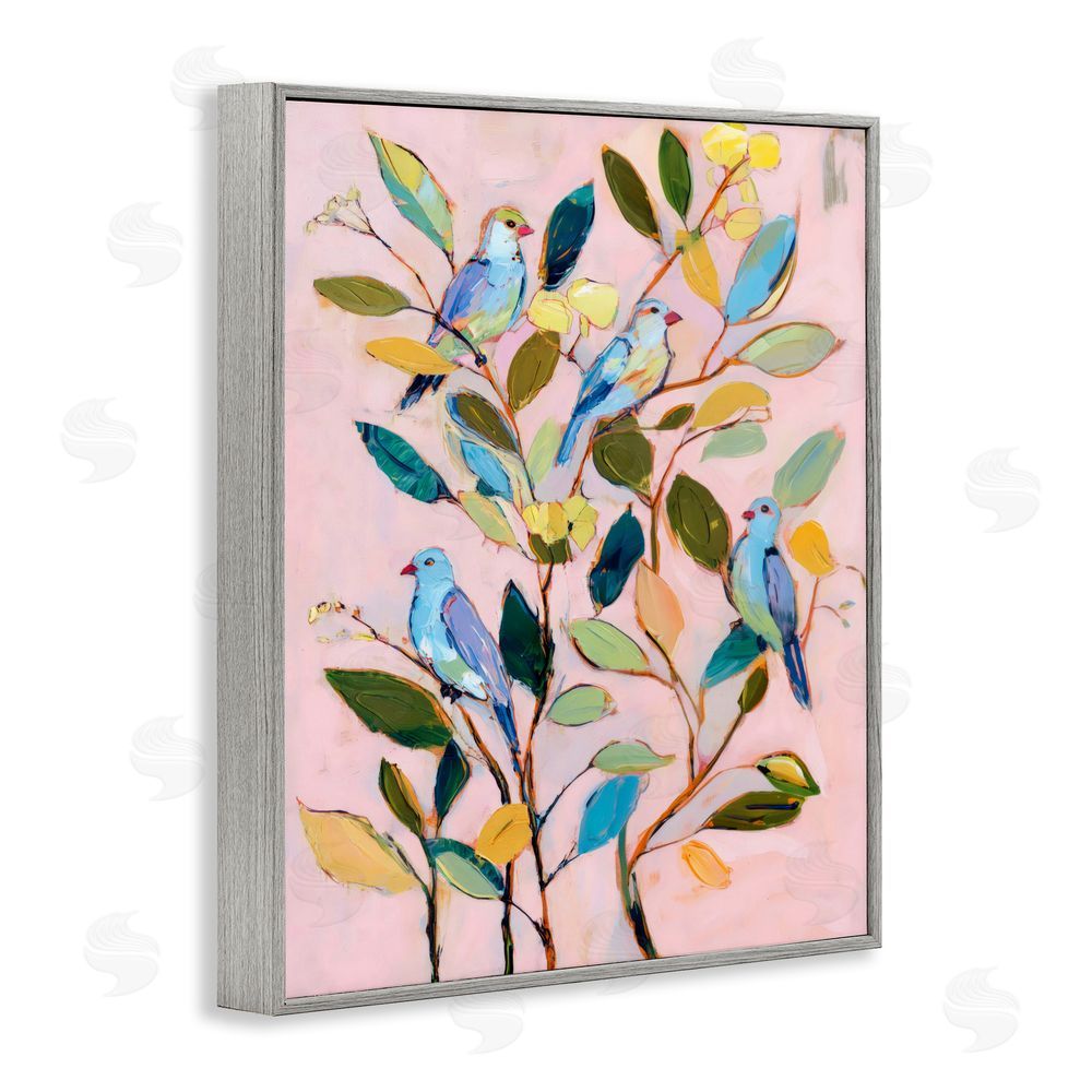 Sisi and Seb Birds Between Leaves Impression Gray Framed Giclee Wall Art Print