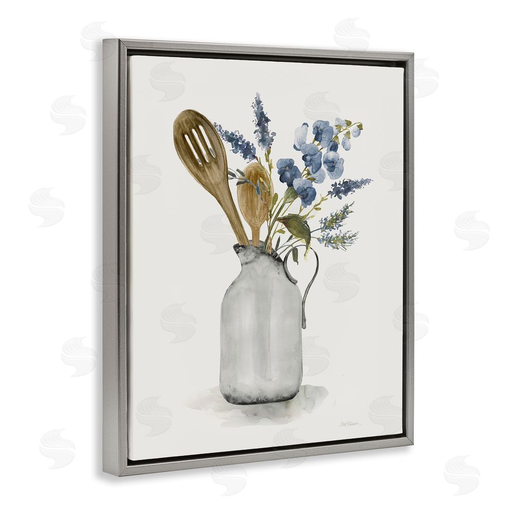 Carol Robinson Vintage Pitcher with Utensils Gray Floating Frame Canvas Wall Art Print