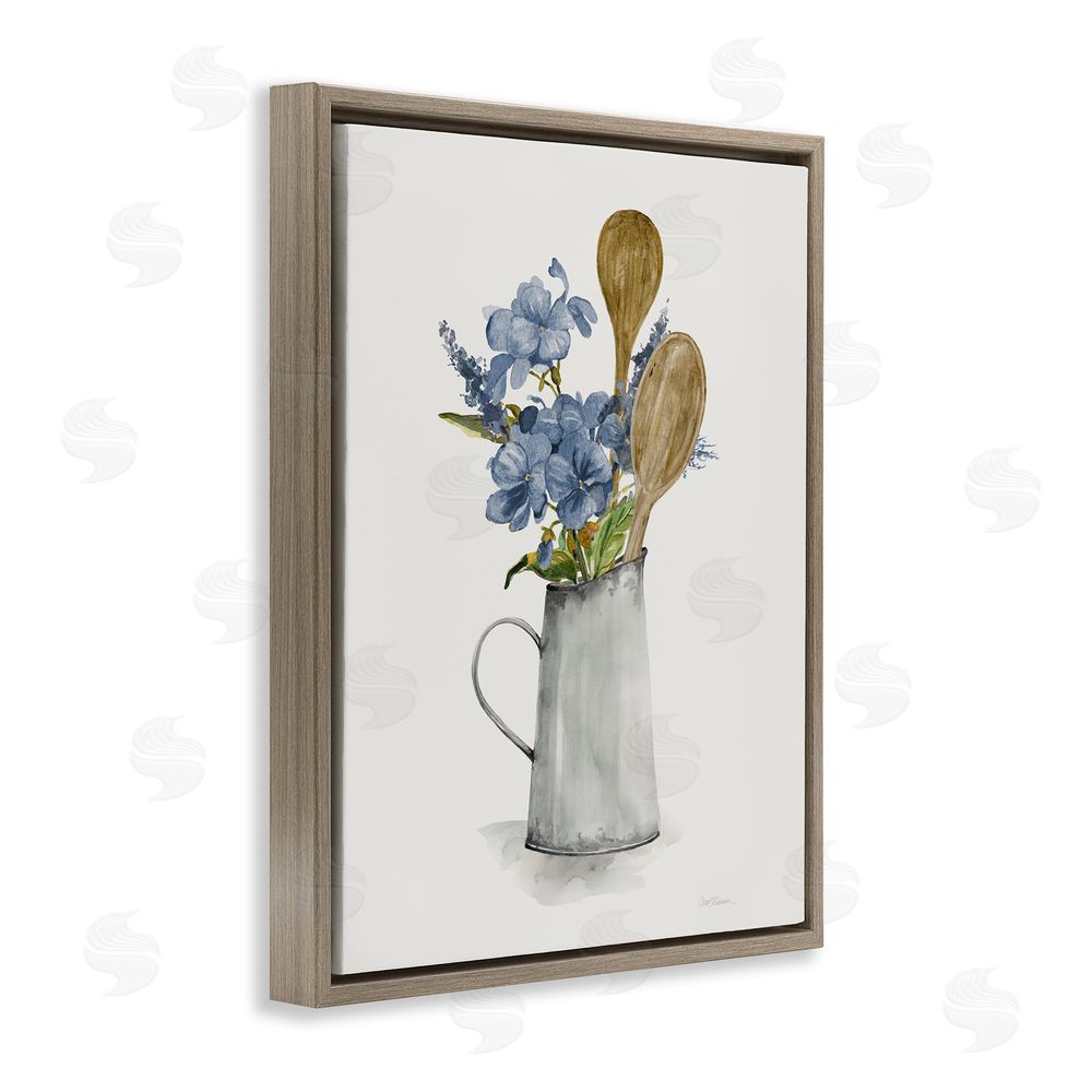 Carol Robinson Kitchen Spoons & Blue Blooms Brown Floating Frame Canvas Wall Art Print
