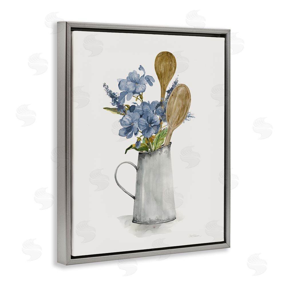 Carol Robinson Kitchen Spoons & Blue Blooms Gray Floating Frame Canvas Wall Art Print