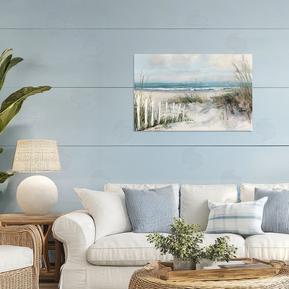 Sally Swatland Dunes With Weathered Fence Stretched Canvas Wall Art in Room