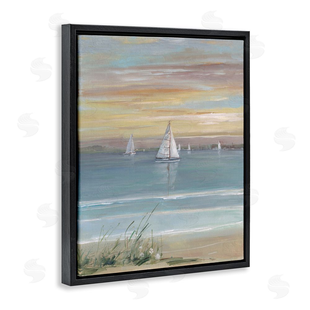 Sally Swatland Coastal Sailboats At Twilight Black Floating Frame Canvas Wall Art Print