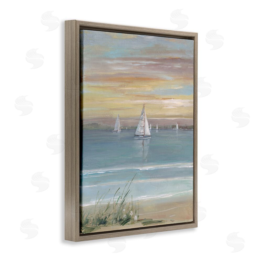 Sally Swatland Coastal Sailboats At Twilight Brown Floating Frame Canvas Wall Art Print