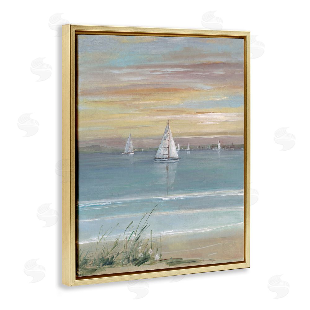 Sally Swatland Coastal Sailboats At Twilight Gold Floating Frame Canvas Wall Art Print
