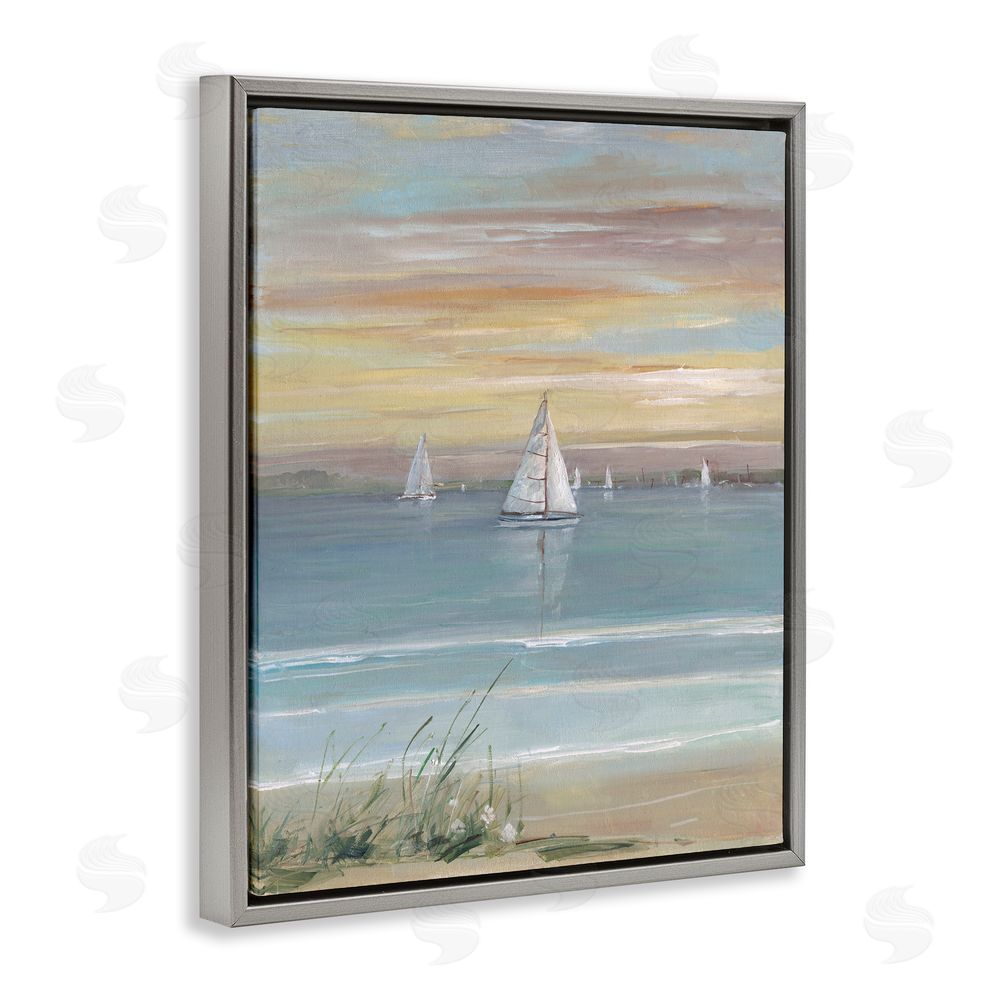 Sally Swatland Coastal Sailboats At Twilight Gray Floating Frame Canvas Wall Art Print