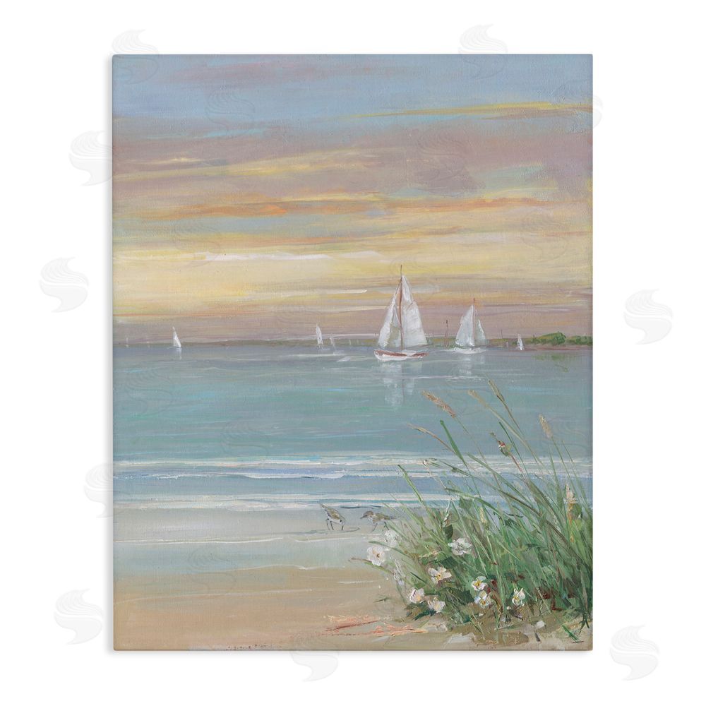Sally Swatland Sailboats Beyond Sandy Shore Stretched Canvas Wall Art Print