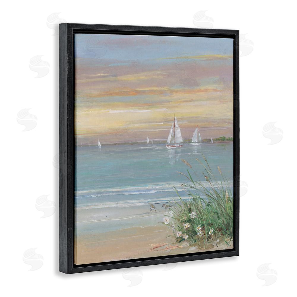 Sally Swatland Sailboats Beyond Sandy Shore Black Floating Frame Canvas Wall Art Print