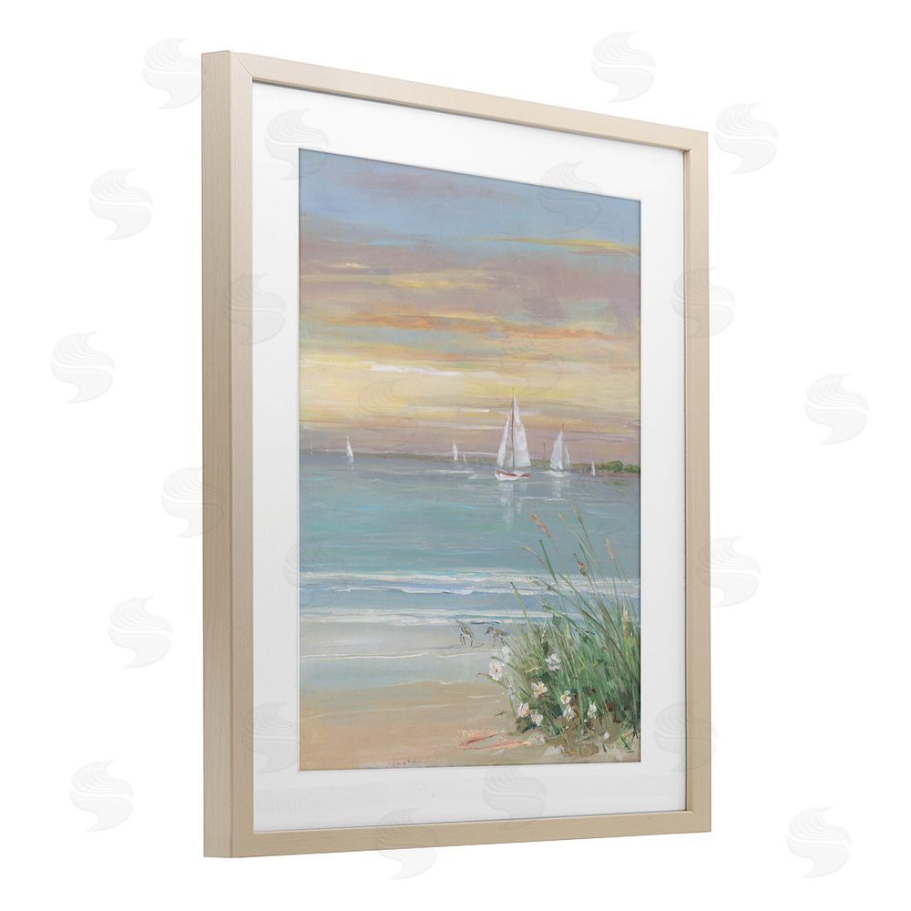 Sally Swatland Sailboats Beyond Sandy Shore Brown Framed Print Under Glass Wall Art