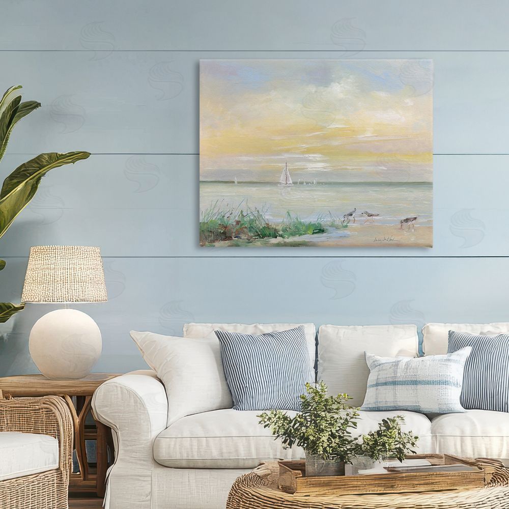 Sally Swatland Sailboats & Sanderlings Shore Stretched Canvas Wall Art in Room