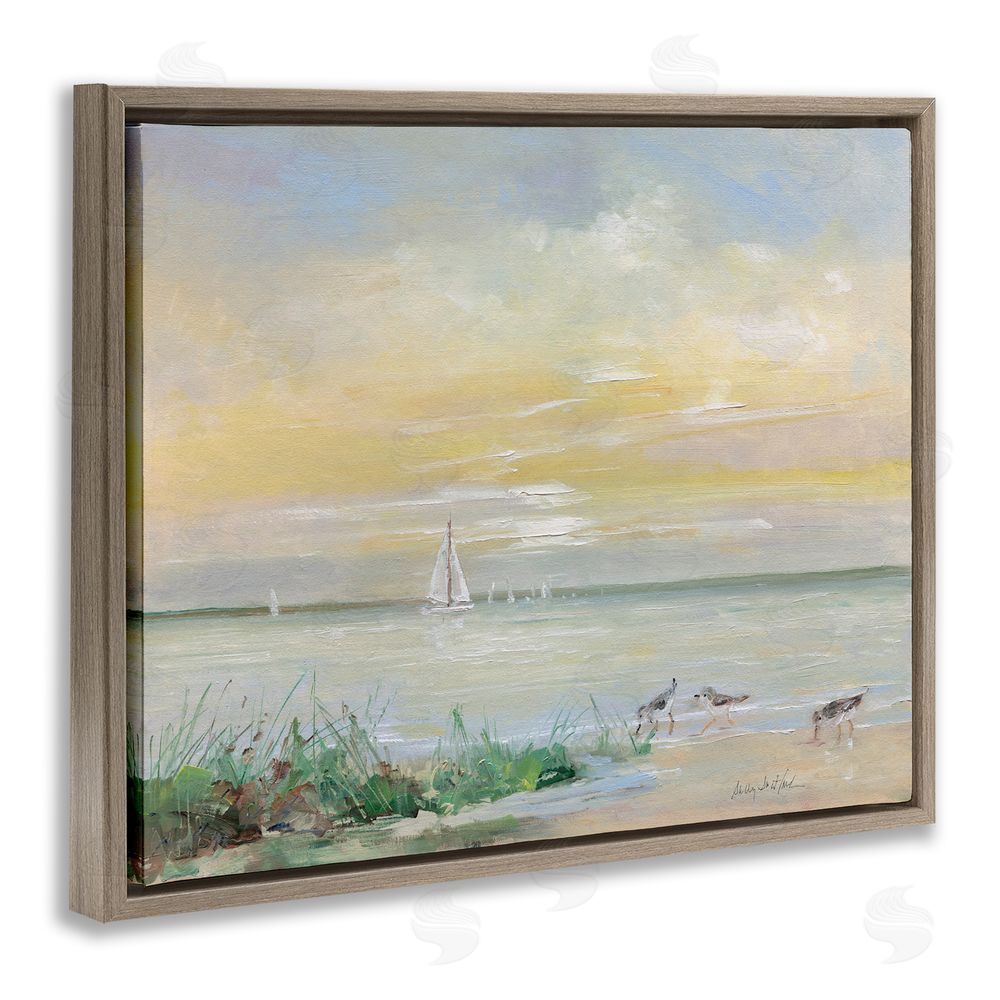 Sally Swatland Sailboats & Sanderlings Shore Brown Floating Frame Canvas Wall Art Print