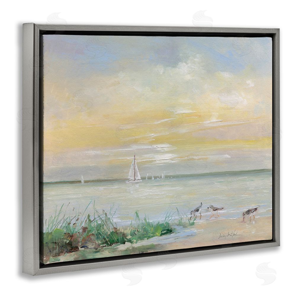 Sally Swatland Sailboats & Sanderlings Shore Gray Floating Frame Canvas Wall Art Print