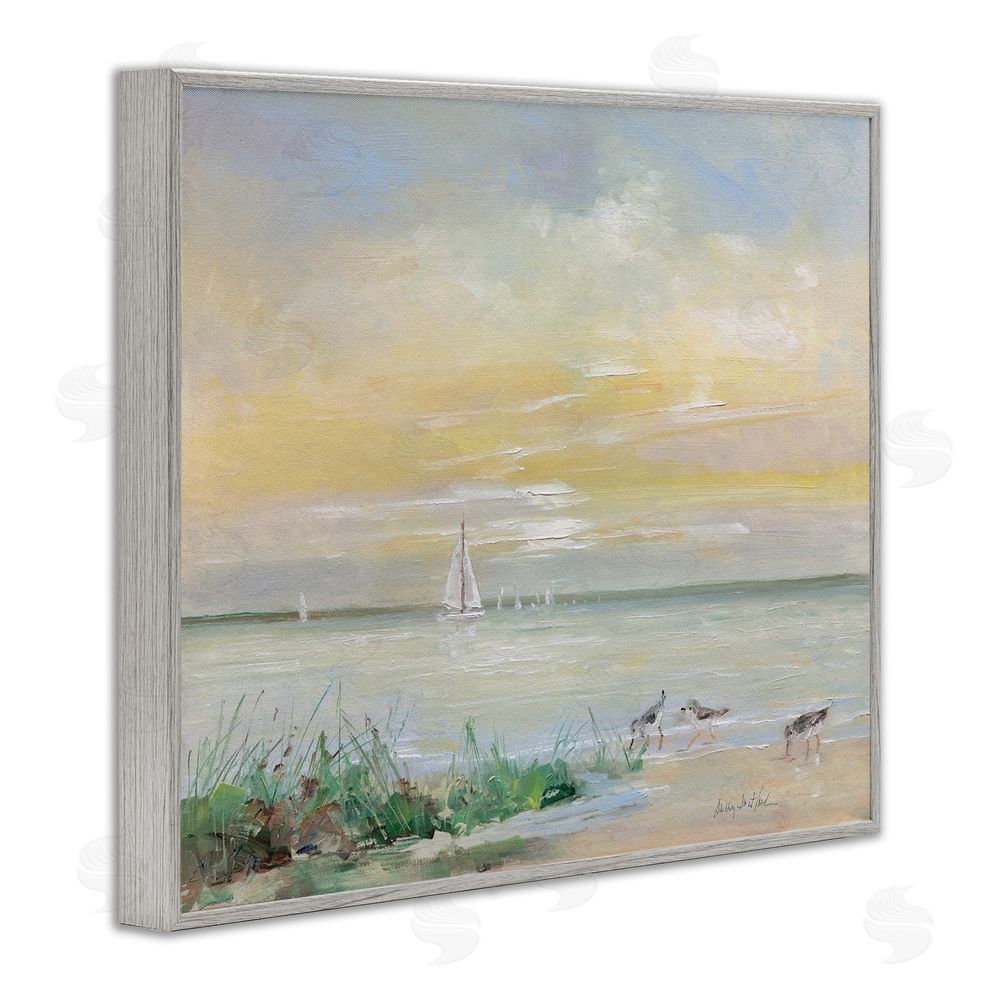 Sally Swatland Sailboats & Sanderlings Shore Gray Framed Giclee Wall Art Print